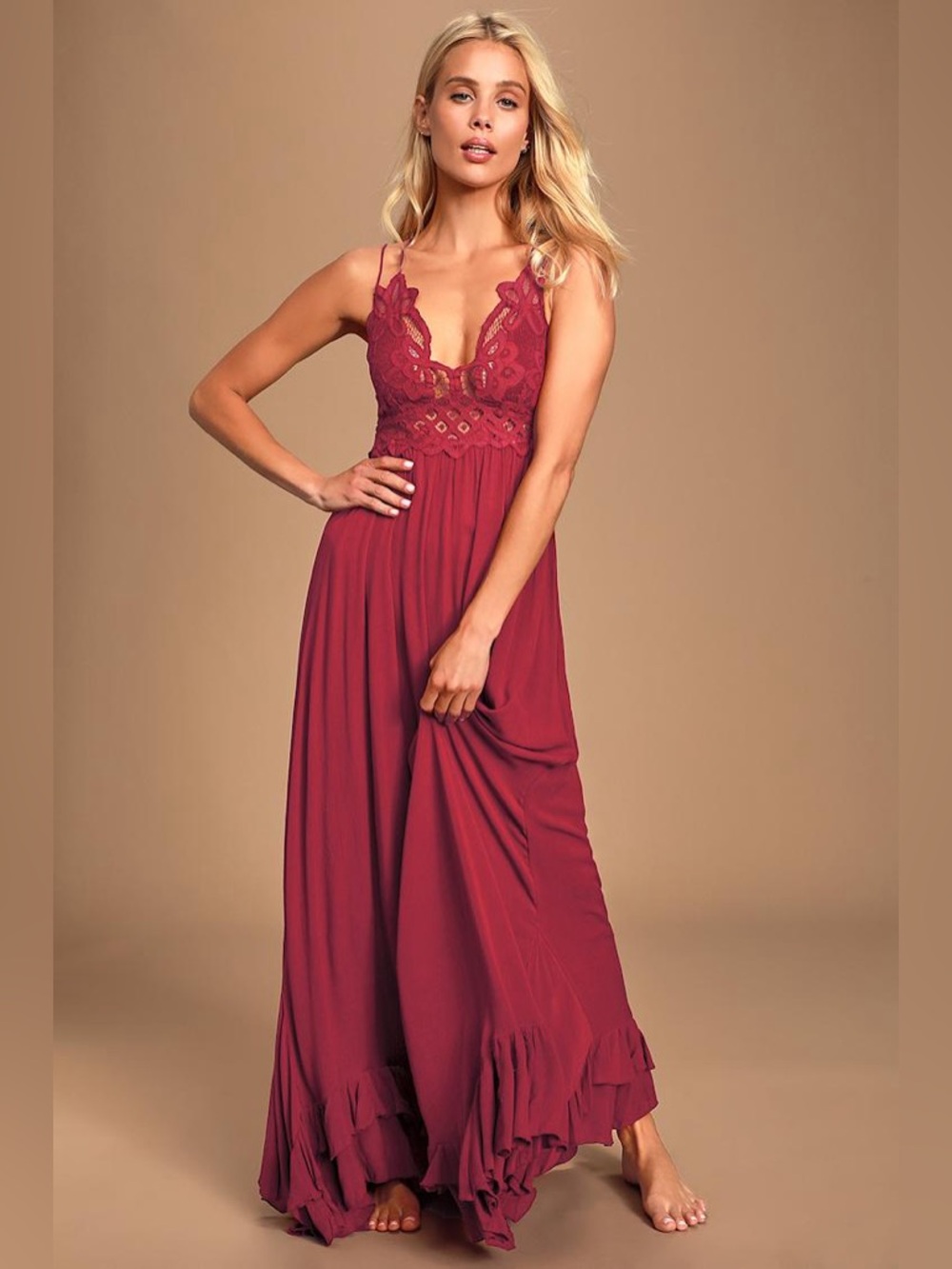 Free People FP One Adella Maxi Lace Slip Dress-Berry Red